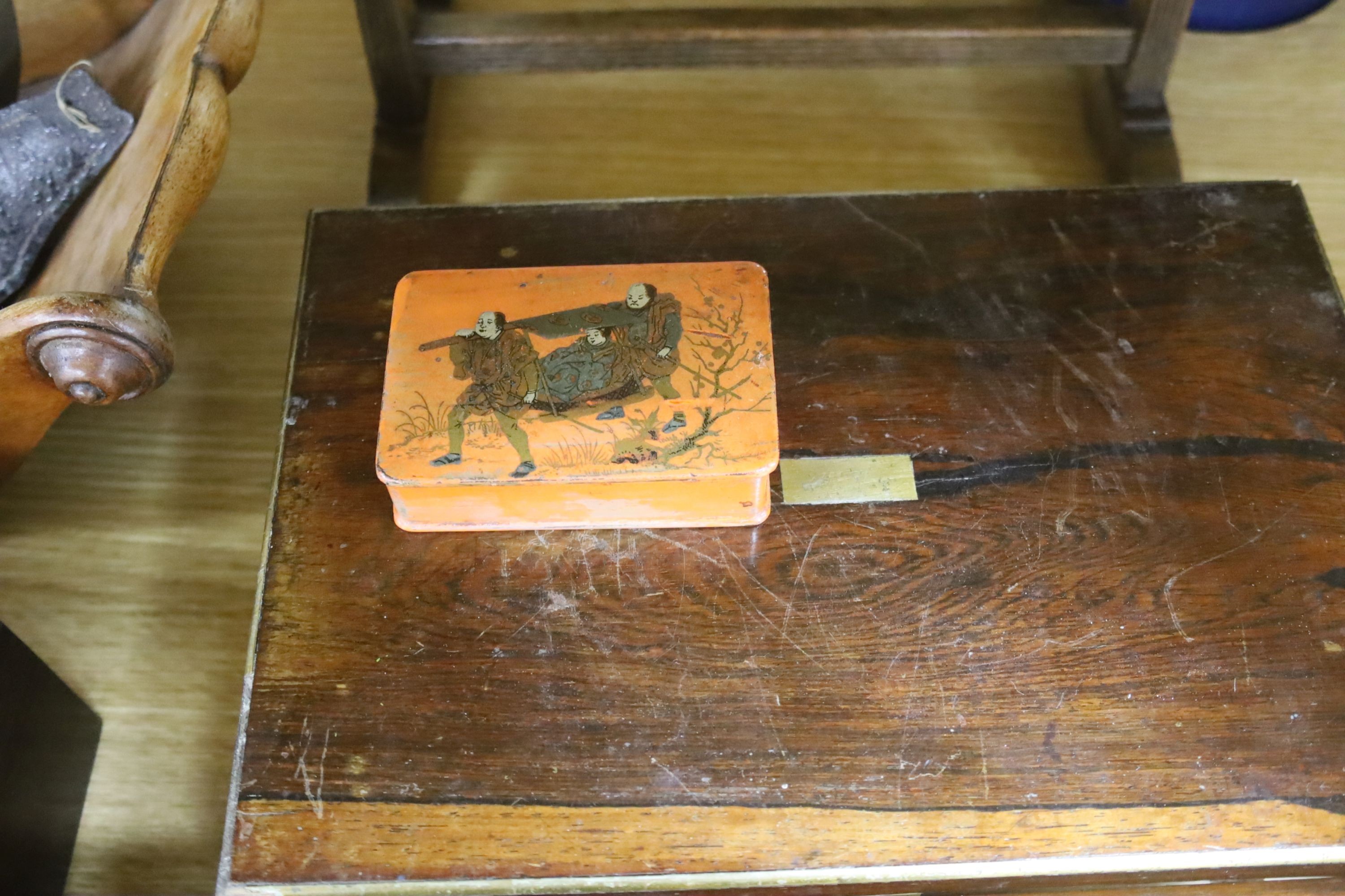 A Victorian mahogany cheese coaster, 40cm, an early 19th century toilet mirror, 29cm, an oak tea caddy, a book slide, an ink stand and sundry boxes